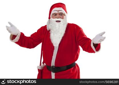 Portrait of Santa Claus with arms outstretched over white background