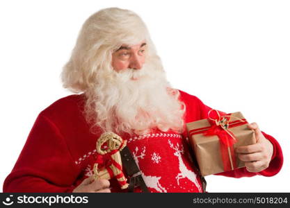 Portrait of Santa Claus with christmas deer decoration and gift isolated on white background