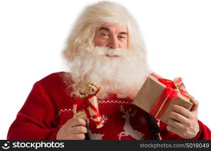 Portrait of Santa Claus with christmas deer decoration and gift isolated on white background