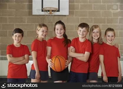 Portrait Of School Basketball Team In Gym