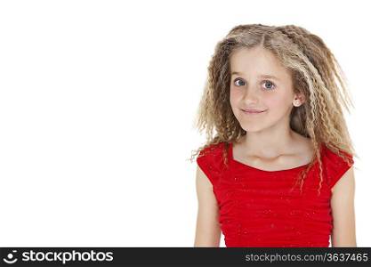 Portrait of school girl in red outfit over white background