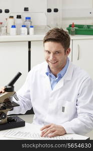 Portrait Of Scientist With Microscope In Laboratory