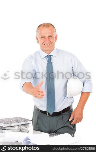 Portrait of senior architect male handshake hold protective helmet