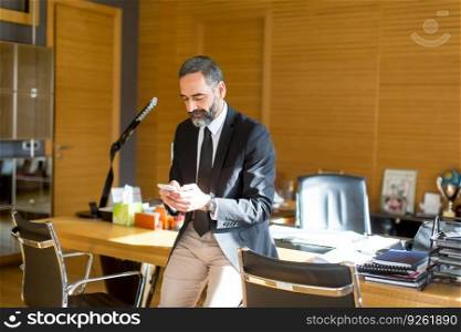 Portrait of senior bearded businessman using mobile phone in modern office