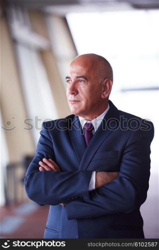 portrait of senior business man alone in modern corporate office indoors