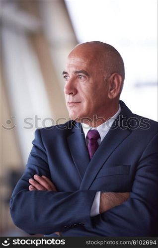 portrait of senior business man alone in modern corporate office indoors