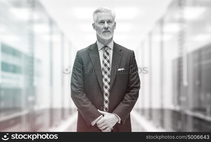 Portrait of senior businessman in big rack server room