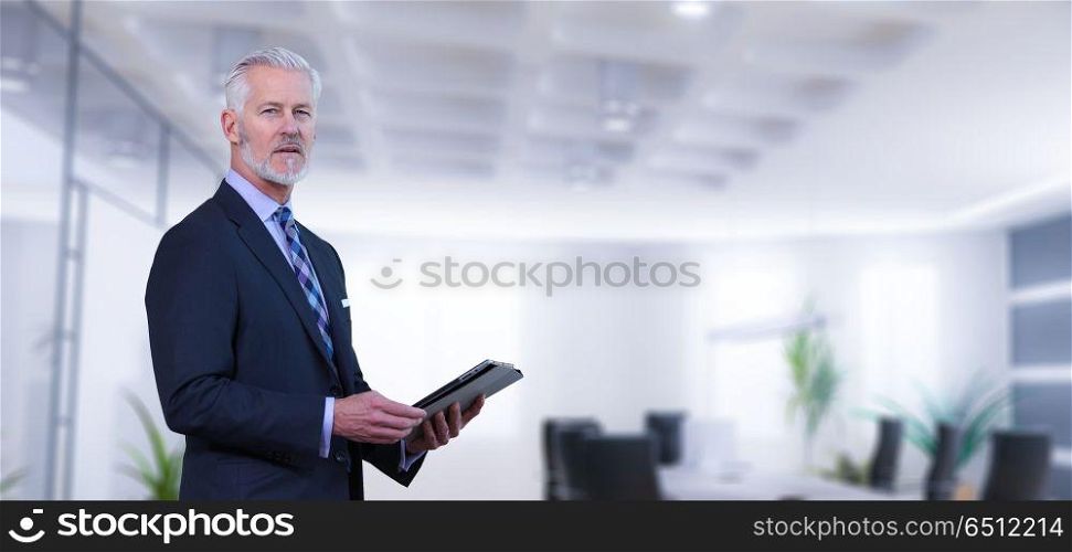 Portrait of senior businessman using tablet in front of his modern office. Senior businessman in his office