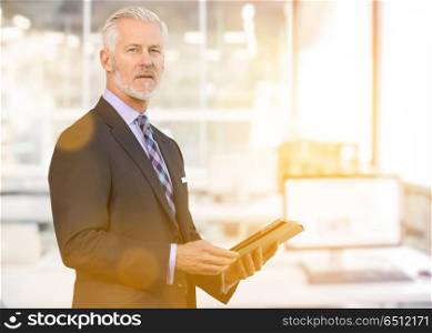 Portrait of senior businessman using tablet in front of his modern office with sun flares. Senior businessman in his office
