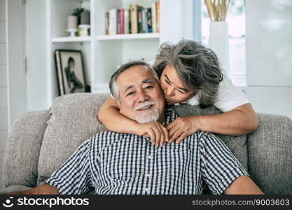 Portrait of senior couple sitting on sofa in living room