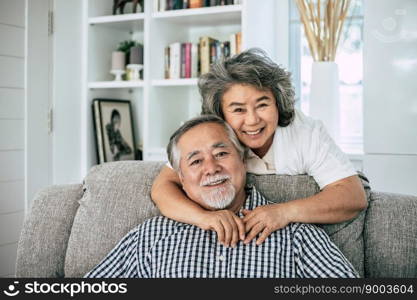 Portrait of senior couple sitting on sofa in living room