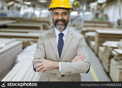 Portrait of senior handsome busi≠ssman in suit with helmet in a warehouse