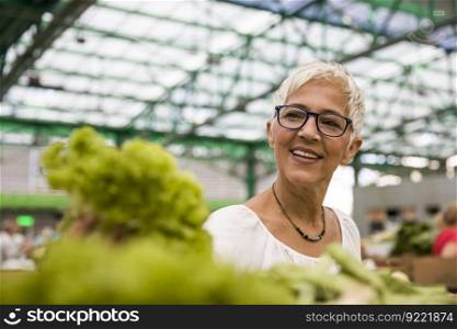 Portrait of senior woman buying fresh organic vegetable on market