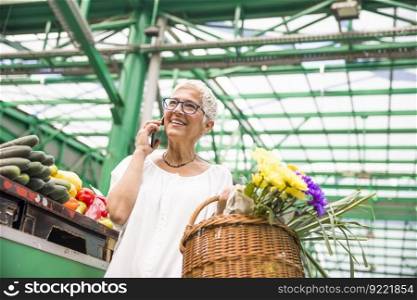 Portrait of senior woman buying vegetable on market and using mobile phone