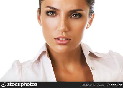 portrait of serious businesswoman on white background