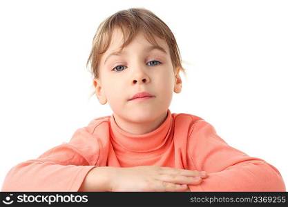 portrait of serious little girl in thin sweater, half body, isolated on white