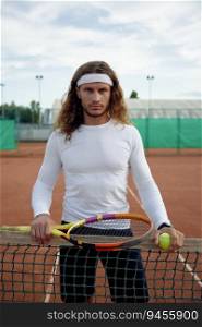 Portrait of serious male tennis player feeling strong and motivation. Young athletic sportsman looking determined and confident. Portrait of serious male tennis player feeling strong and motivation
