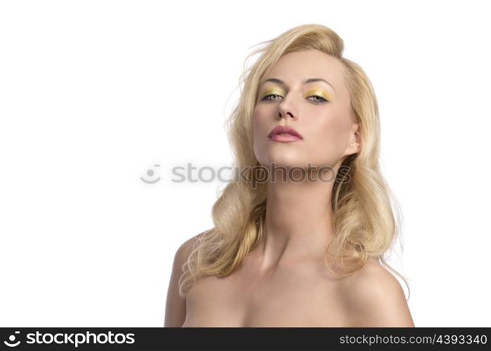portrait of sexy blonde woman with long natural hair-style, colorful make-up and naked shoulders &#xA;