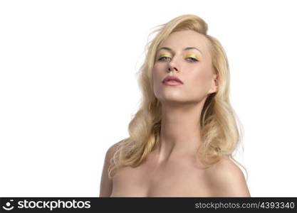 portrait of sexy blonde woman with long natural hair-style, colorful make-up and naked shoulders &#xA;