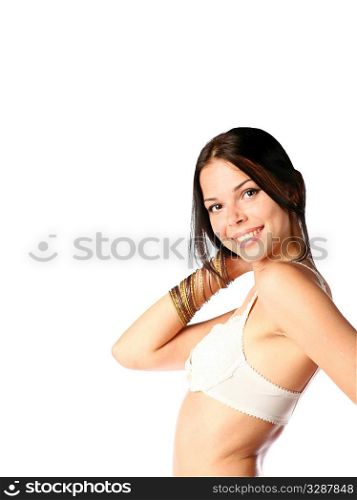 portrait of sexy brunette in brassiere isolated on white background