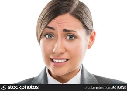 Portrait of shocked and confused business woman on white background