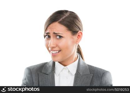 Portrait of shocked and confused business woman on white background