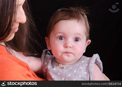 Portrait of six month baby on mother hands