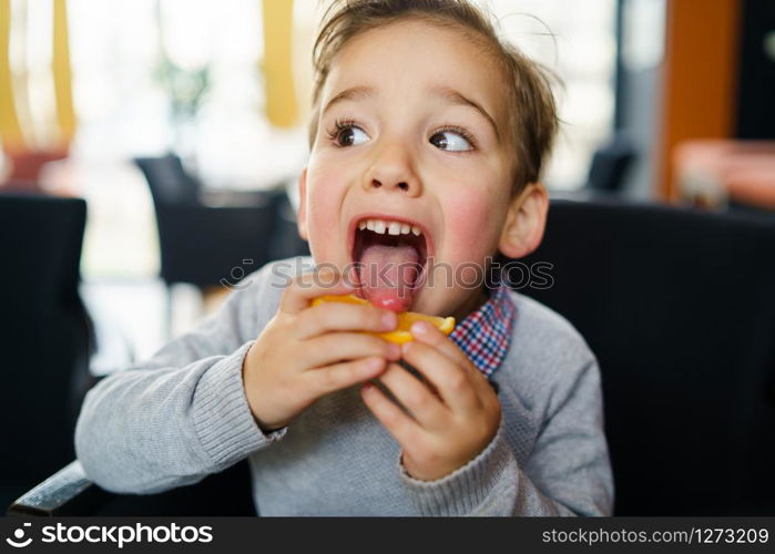 Portrait of small three years old caucasian boy child sitting in the chair licking a slice of lemon protruding tongue making faces