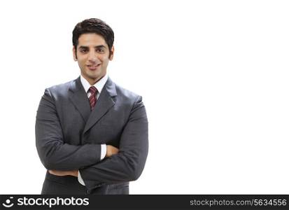 Portrait of smart businessman smiling on white background
