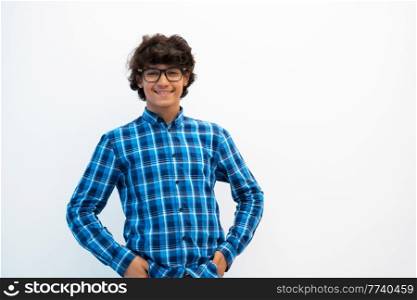 portrait of smart looking arab teenager with glasses wearing a hat in casual school look isolated on white copy space. High quality photo. portrait of smart looking arab teenager with glasses wearing a hat in casual school look isolated on white copy space