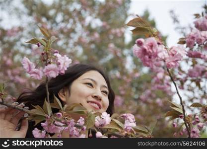 Portrait of smiling and serene young woman by beautiful pink blossoms, in the park in springtime