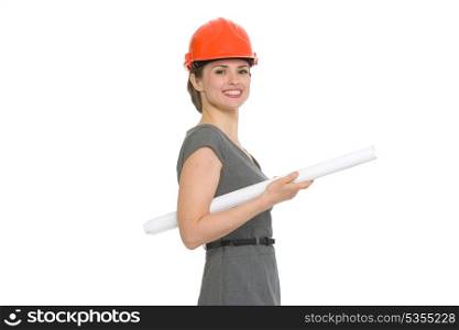 Portrait of smiling architect woman with flipchart. HQ photo. Not oversharpened. Not oversaturated. Portrait of smiling architect woman with flipchart isolated