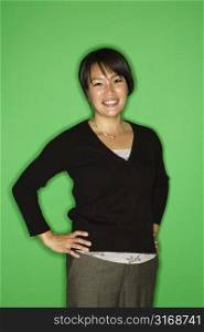 Portrait of smiling Asian woman standing with hands on hips against green background.