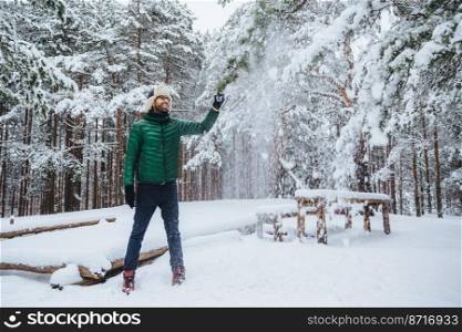 Portrait of smiling bearded male guy dressed in warm clothes, shakes tree covered with snow, has pleased expression, enjoys spending free time or weekends on fresh winter air. Season concept