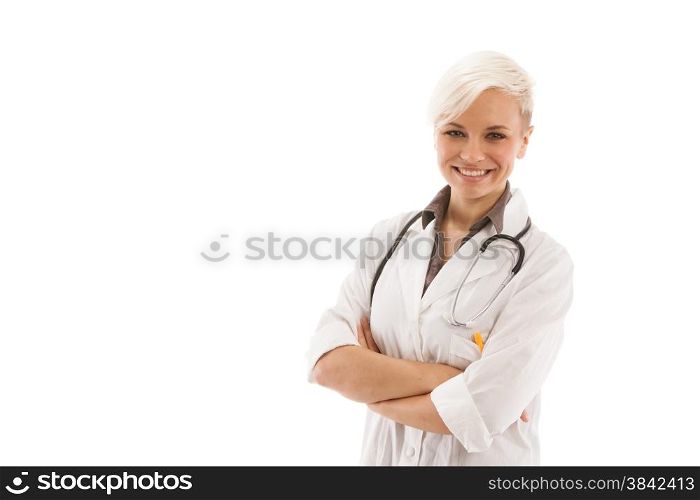 Portrait of smiling blonde female doctor with crossed hands over white isolated background