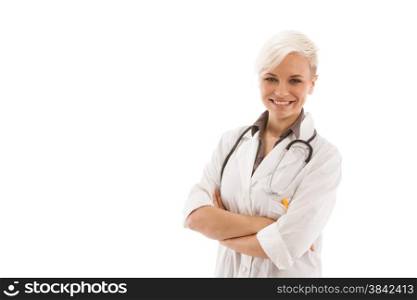 Portrait of smiling blonde female doctor with crossed hands over white isolated background