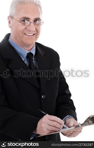 Portrait of smiling business man writing at pad on white background