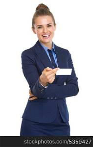 Portrait of smiling business woman giving business card