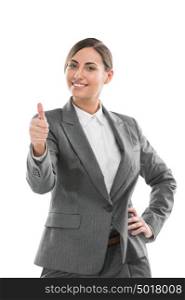 Portrait of smiling business woman, isolated on white background. Thumb up.