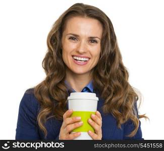 Portrait of smiling business woman with cup of hot beverage