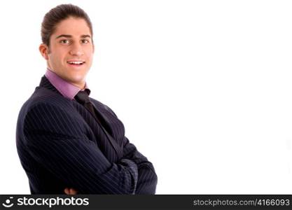 portrait of smiling businessman against white background