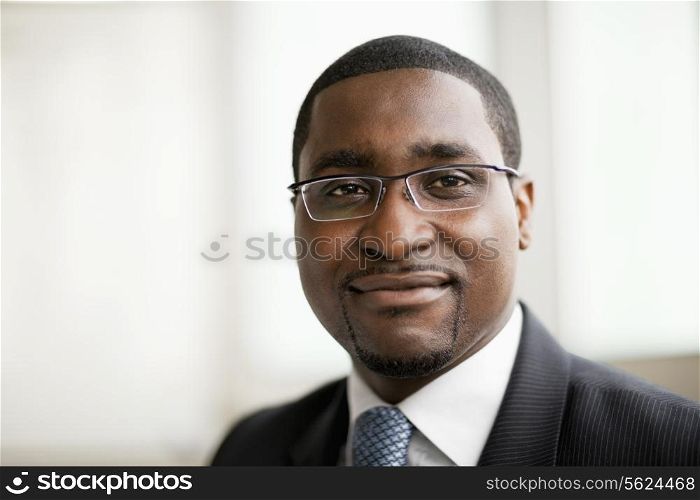 Portrait of smiling businessman in glasses, head and shoulders