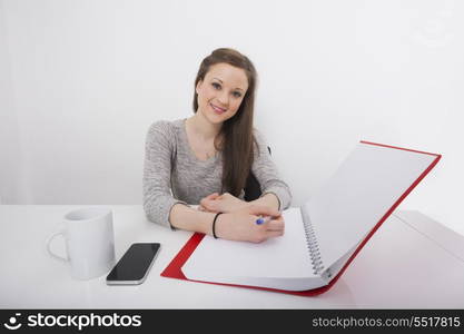 Portrait of smiling businesswoman writing notes at desk in office