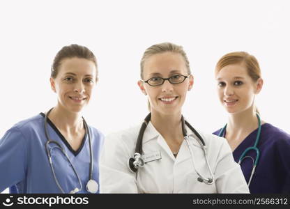 Portrait of smiling Caucasian women medical healthcare workers in uniforms against white background.