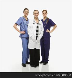 Portrait of smiling Caucasian women medical healthcare workers in uniforms standing against white background.