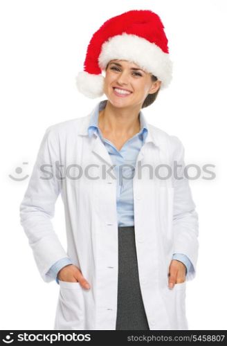 Portrait of smiling doctor woman in santa hat