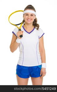 Portrait of smiling female tennis player with racket