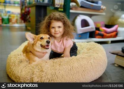 Portrait of smiling girl child with her loving corgi dog at pet shop. Little kid and adorable puppy sitting in fluffy soft bed pillow for domestic animal. Portrait of smiling girl child with her loving corgi dog at pet shop