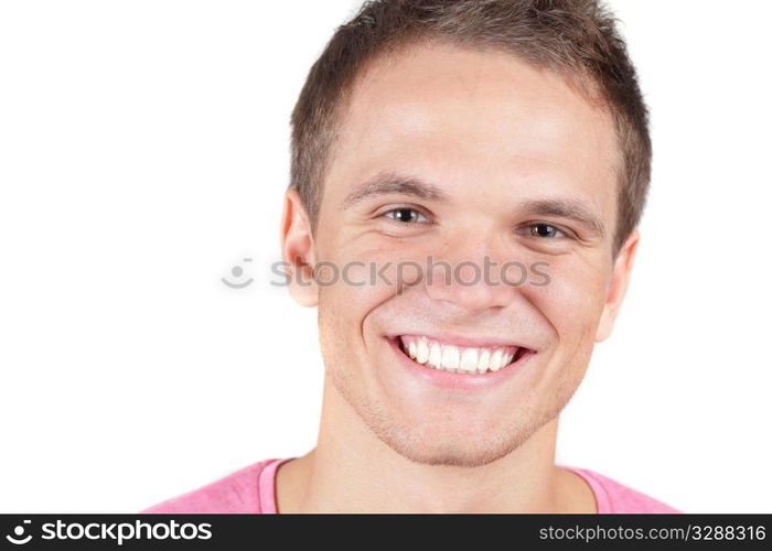 Portrait of smiling happy glad guy in casuals - isolated on white