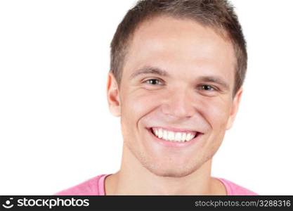Portrait of smiling happy glad guy in casuals - isolated on white
